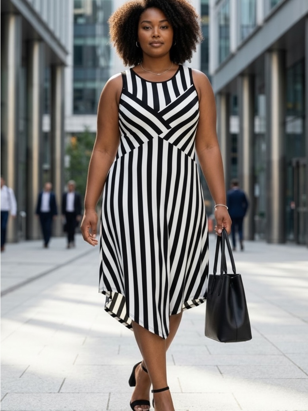 Ashley Stewart Black & White Striped Midi A-Line Dress